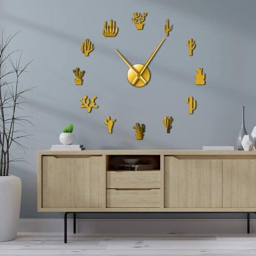 DIY Botanical Cactus Plant Large Wall Clock Desert Cactaceae Frameless Big Time Watch Succulents Mirror Effect Number Sticker