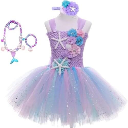 Girls Mermaid Tutu Dress Princess Birthday Party Dresses Starfish Halloween Cosplay Kids Mermaid Costume 1-12Y
