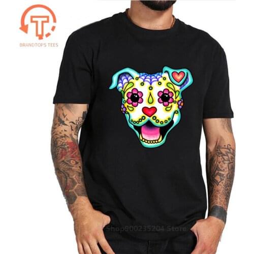 Parody Amstaff T Shirt Smiling Pit Bull In White Day Of The Dead Pitbull Sugar Skull Dog T-Shirt Cute Men Tee Shirt Beach Tshirt