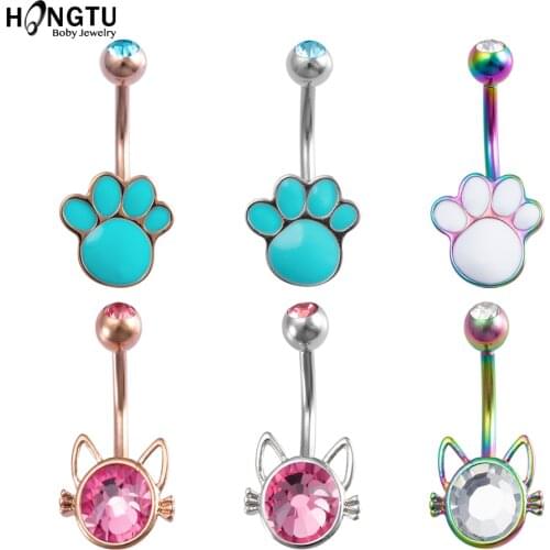 HONGTU 1Pc Cat Paw Navel Rings Sexy CZ Crystal Navel Piercing Surgical Steel 14G Belly Button Rings Body Piercing Jewelry Gifts