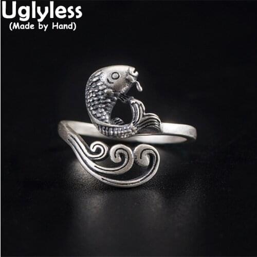 Uglyless China Fishes Carp Rings for Women Handmade Hollow Waves Animals Wide Rings Thai Silver Ethnic Jewelry 925 Silver Bijoux