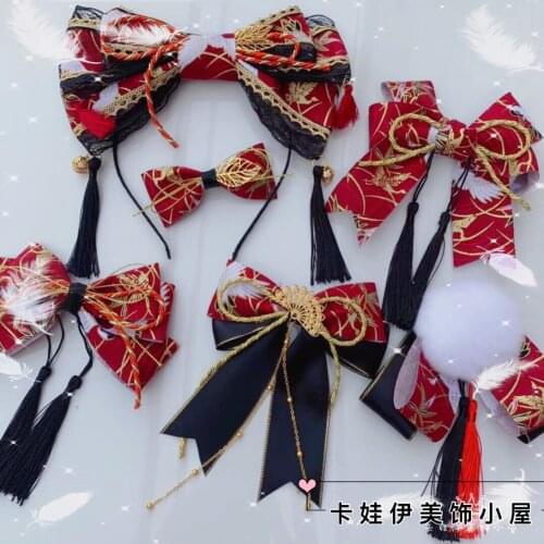 Japanese style Lolita SOFT Girl And Wind Tassels Black RED Bow Hair Bands KC Can Take a Crane Return Barrettes Side Clip