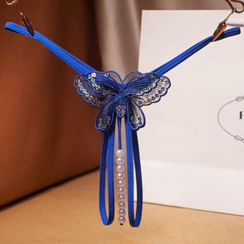 Fashion Lingerie Erotic G-string Open Crotch Panties Sexy Butterfly Sequins Underwear Crotchless Pearls String Embroidery Thong