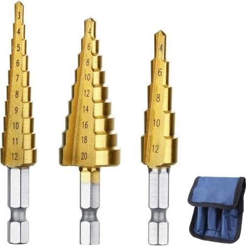 3pcs HSS Straight Groove Step Drill Bit Sets 3-12mm 4-12mm 4-20mm for DIY Woodworking,Plastic Metal,Hole Cutter