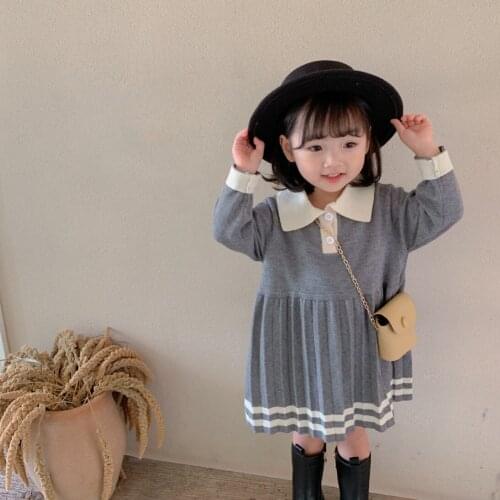 2021 New Autumn Girls Sweater Dress Winter Bottoming Shirt Loose Lapel Stripe Preppy Style Mid-Length Casual Baby Sweater