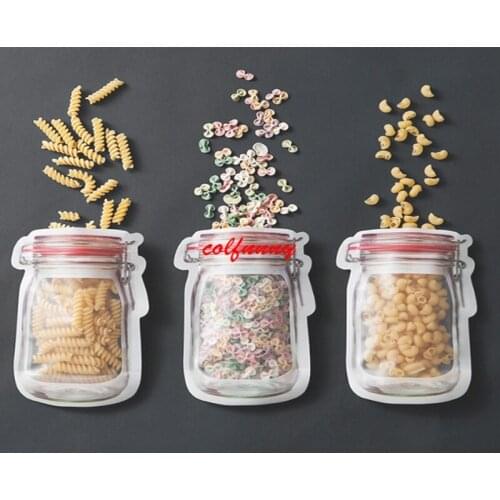 Wholesale Mason Jar Shaped Food Container Plastic Bag Clear Mason Bottle Modeling Zippers Storage Snacks Plastic Box F052209