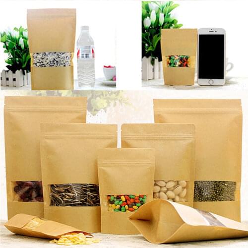 50Pcs Kraft Paper Bags with window Reusable Moisture-proof Zip Lock Food Packing Bag Stand Up Tea Coffee Bean Candy Storage