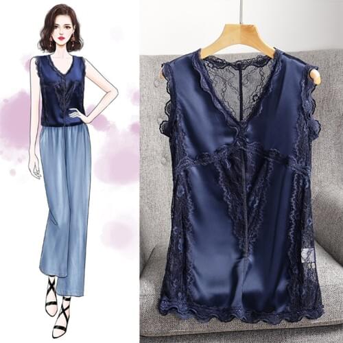 2021 Popular V-neck Spell Lace Silk Tank Top for Women Outer Wear New Sleeveless Shirt Girls Ladies All-match Tops Shirts
