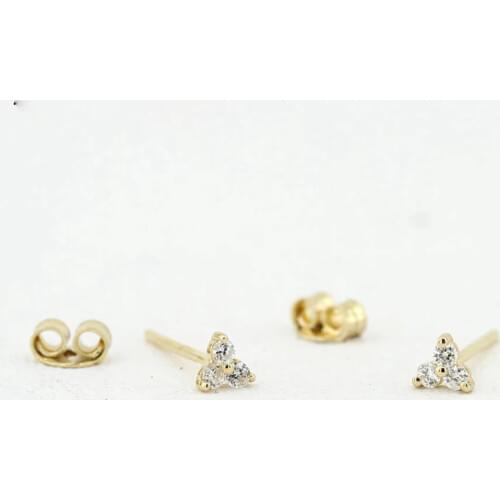 100% Real Tiny Simple Three Stone Diamond Cluster Earrings Round Cut Diamond Earring in 14k Yellow Gold Push Backs For Women