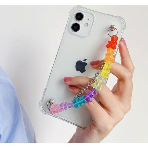 Luxury Cute Bears Wrist Chain Case For iPhone 11 Pro Max 12 Pro Max Max 7 8 Plus X SE Candy Color Bracelet Strap TPU Cases