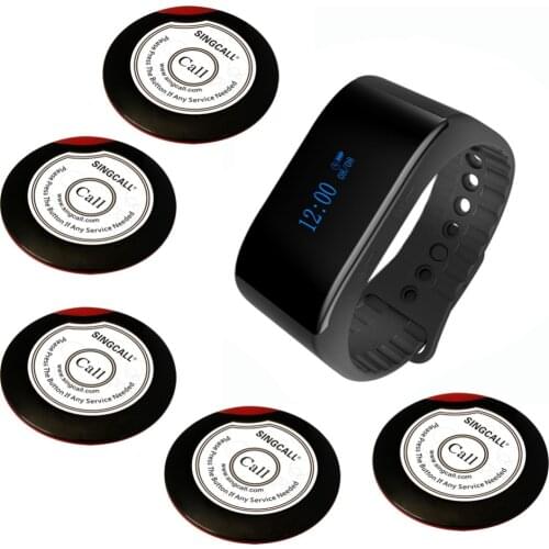 SINGCALL Wireless Restaurant Service Calling System Pager Coaster 1 New Bracelet Watch and 5 Ultrathin Single Call Buttons