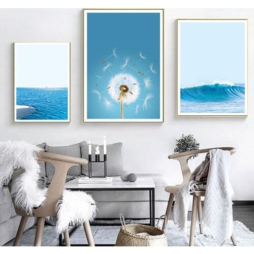Scandinavian Landscape Poster Nordic Blue Ocean Wall Art Canvas Print Dandelion Seascape Painting Tropical Picture Home Decor