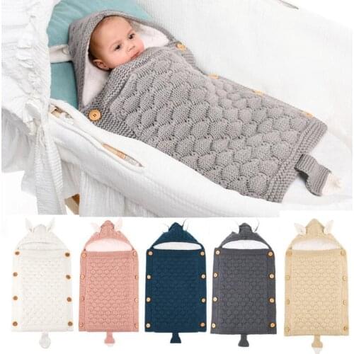 INS Baby Sleeping Bag Autumn Winter Infant Thickening Plus Velvet Quilts Cute Ears Small Tail Knitted Button Blanket