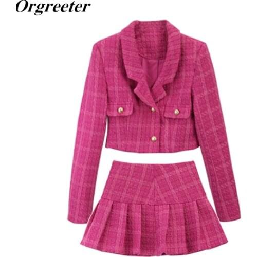 Stylish New Autumn Tweed Plaid Suit Short Coat Mini Skirt Suits Women Lapel Crop Top Jacket Pleated Skirt Woolen Two Piece Sets