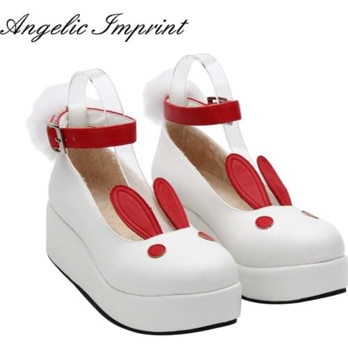 Japanese Harajuku Lolita Cosplay Shoes Kawaii Rabbit Ear Sweet Girls Ankle Strap Wedge Shoes