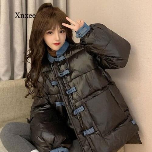 2021 Winter Patchwork Coat National Short Denim Buckle Stand Collar Tang Suit Coat Parkas Warm Women Chinese Elements New Jacket