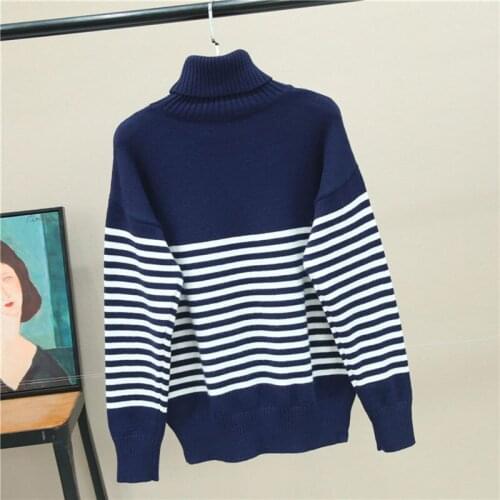 2019 Autumn Winter Womens New Striped Loose Sweater Hit Color Thick Sweater High Collar Bottoming Shirt Wild Shirt Female C172