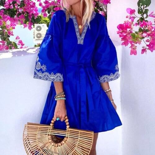 Elegant A-Line Dress 3/4 Sleeve Women Casual V-Neck Loose Mini Dress Ladies Vintage Print Ruffle Vestido at 2021 Spring Summer