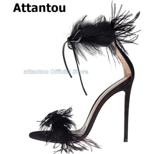 New White Black Feather Designer Straps High Heel Dress Shoes Women Thin Heeled Lace Up Stilettos Sandals