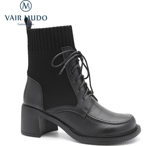 VAIR MUDO Ankle Boots Shoes Women Black Brown Square Toe Thick Bottom Lace Up Genuine Leather Concise Solid Sewing DX184-C