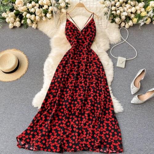 Boho Maxi Print Long Dress Sexy Deep V-neck Sleeveless Spaghetti Strap Criss-cross Backless Beach Holidays Dress Robe Femme