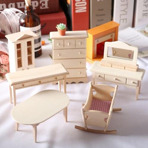1:12 Dollhouse Baby House Mini Solid UnpainWood Furniture Cradle Crib Dining Table Cabinet DIY Home Accessory Wodden Decoration