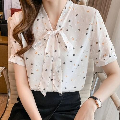 Elegant bowknot chiffon blouse womens clothes 2021 summer v-neck short-sleeved pullover Korean shirt women