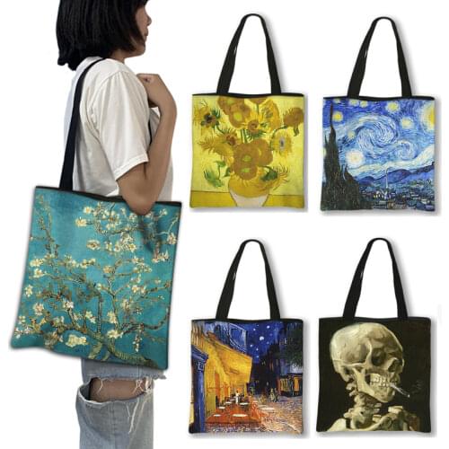 Oil Painting By Van Gogh Shopping Bags Blossoming Almond Tree / Starry Night Women Handbag Canvas Shoulder Bags Casual Totes