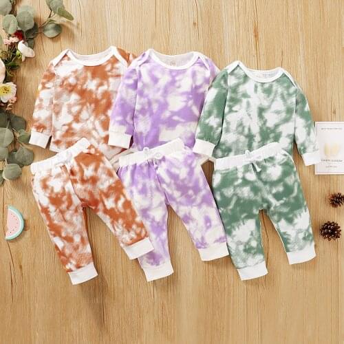 Newborn Boys Girls BoysTie-dye Print 2Pcs Outfits Sets Infant Long Sleeve Romper Sport Trousers Long Pants Toddler Clothes