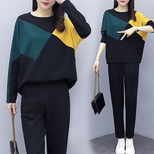 Plus Size Summer Womens Set long sleeve Sports Suit patchwork o-neck top+pant 2 piece set tracksuit for women sweat suit