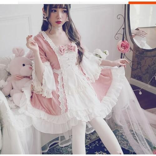 Kawaii girl gothic lolita op Japanese princess sweet lolita dress vintage lace bowknot flare sleeve high waist victorian dress