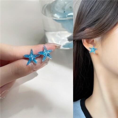 Korean Sweet Cute Mini Starfish Clip on Earrings No Hole Acrylic Small Blue Star No Piercing Ears Clip Earring Female Girls
