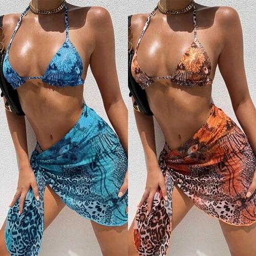 Fashionsta Bikinis Sexy Swim Leopard Swimwear Female 3 Piece Swimsuit Triangle String Halter Bathing Suit Swimwear Summer New