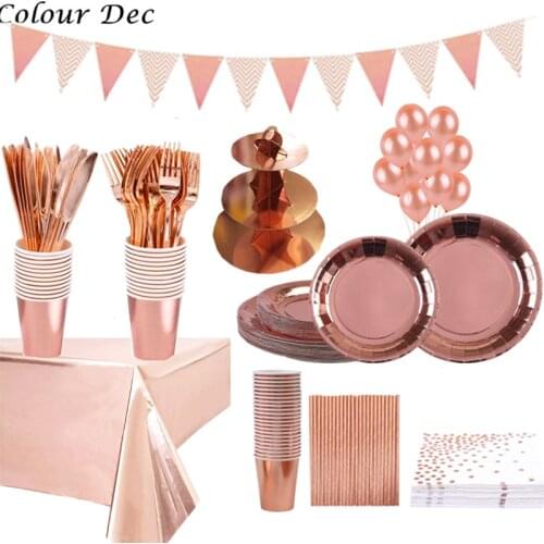 Hot Stamping Rose Gold Disposable Tableware Sets Gold Paper Cup Plate Disposable Cake Wrapper Dinner Party Supplies Table Orname