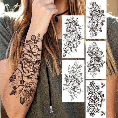 Sexy Peony Temporary Tattoos For Adults Women Girls Beauty Rose Anemone Dahlia Flower Tattoo Sticker Black Large Fake Tatoos Leg