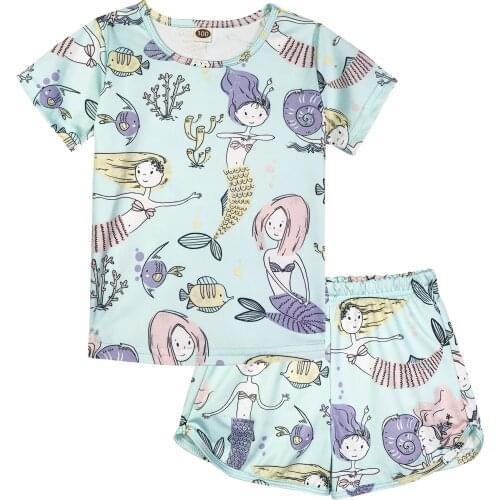 ModaIOO Girls Pajamas Short Set Unicorn Dinosaur Butterfly Rainbow Top Tee Shirt Bottom Shorts 2 Pieces Sleepwears Sets