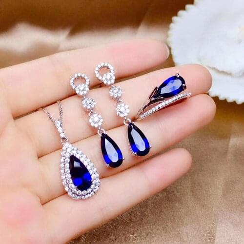 The Best Gift For your mother Sapphire jewelry set Natural Real Sapphire 925 sterling silver 1pc pendant,1pc ring,2pcs Earring