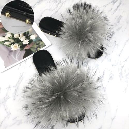 Fur Slippers Female Summer Casual Rivet Decoration Real Fur Fox Slides Slippers Women Flip Flops Flat Shoes Fashion 2021