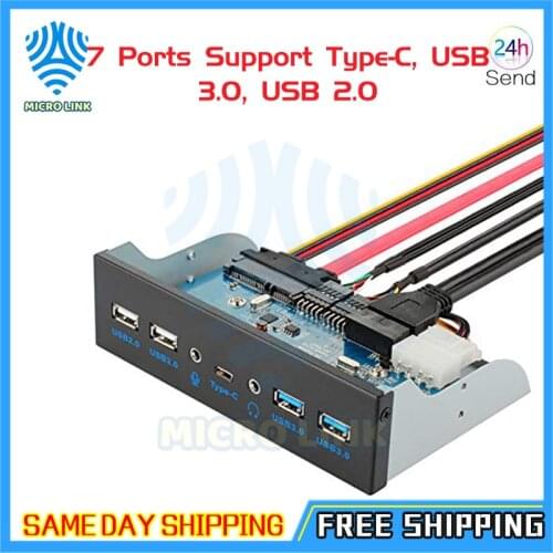 USB3.0 Front Panel hub, Optical Drive 5.25'' Panel Computer Expansion Board, 7 Ports Support Type-C, USB 3.0, USB 2.0, Microphon