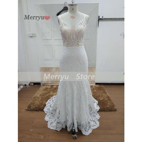Boho Crochet Lace Mermaid Wedding Dress 2020 Sexy Adjustable Strap V Neck Bridal Gowns Backless Lace Vestido De Noiva