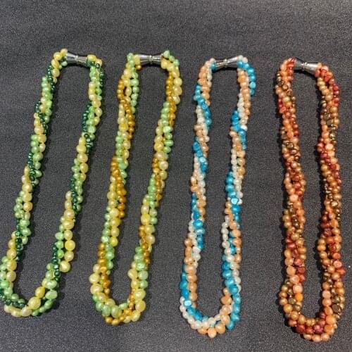 Spring multi color yellow and green mixed color natural fresh water pearl choker necklace twist casual sporty 18 inch fashion