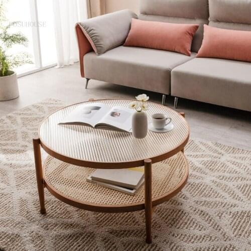 Japanese Household Furniture Double Coffee Tables Solid Wood Living Room Side Table Simple Apartment Dormitory Rattan Tea Table