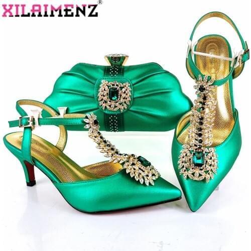 Green Color Lady Shoes and Bag Set for Wedding Dress High Quality 2021 New Arrivals Shoes Matching Bag For Christamas Party