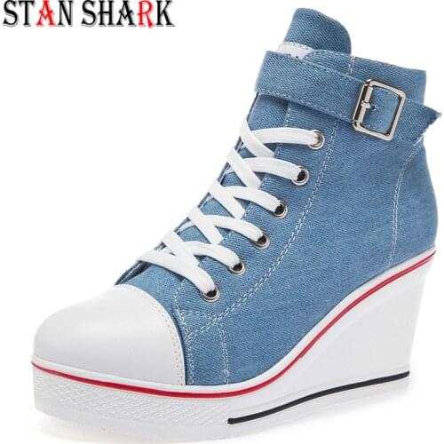 2019 New Women Wedge High Top Canvas Shoes Womens Denim Ankle Lace Up Ladies Ankle Canvas Shoes Woman Wedges Sneakers 8cm Heels