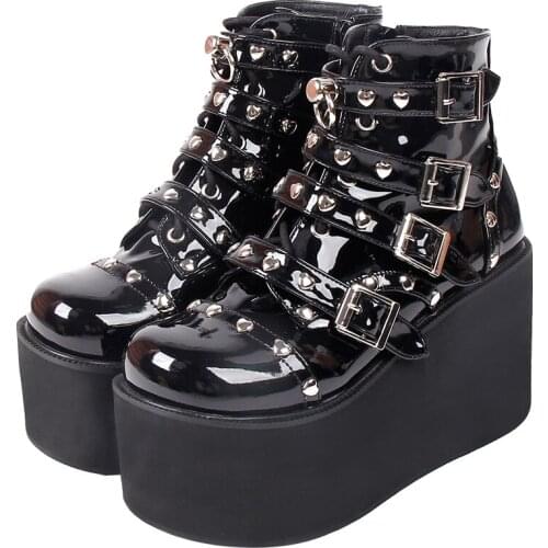 Angelic imprint Women motorcycle punk boots lady short ankle Boots woman high trifle heels pumps shoes lace up rivets 208 33-47