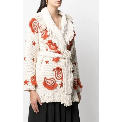 Spring Autumn Fashion Womens Hollow-out Embroidery Cardigans High Quality Belt Tassel knitted coat C899