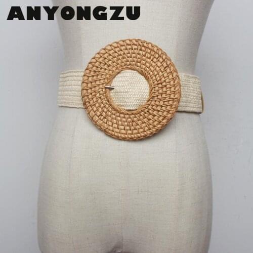 Women Wide Round Belt Bohemian Style Concave Shape Pompous Hand Large Woven Needle Buckle Wax Rope Elastic Waistband 100CM*5CM