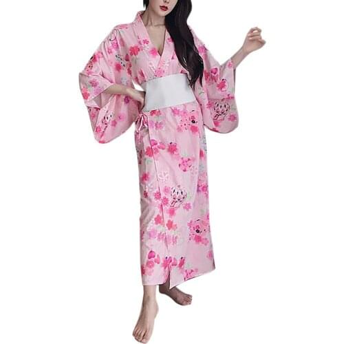 Womens Pink Sakura Long Kimono Dress with Obi Belt Easy Wearing Yukata Robe Japanese Kimono Bath Gown Summer Festival Wear