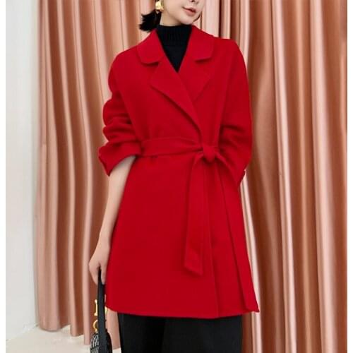 New Autumn Spring 100% Wool Coat Female Elegant Ladies Woolen Jacket Women Vintage Belt Blend Coats Manteau Femme Hiver 2020 002