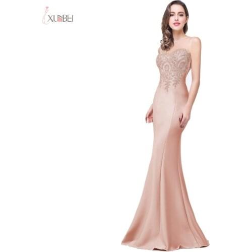 Pink Long Evening Dress 2019 Elegant Scoop Neck Sleeveless Gold Applique Mermaid Party Gown robe de soiree